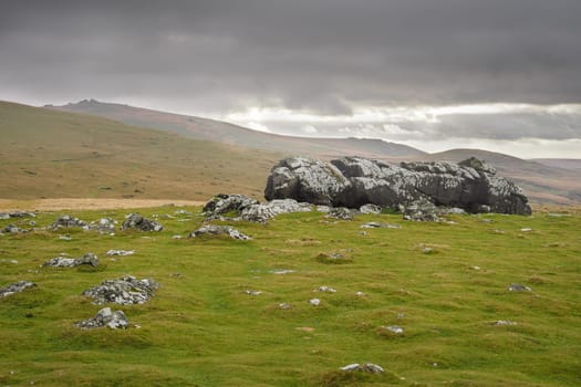 View from Sourton Tors looking up towards Great Links Tor in the distance, Dartmoor National Park, Devon, UK