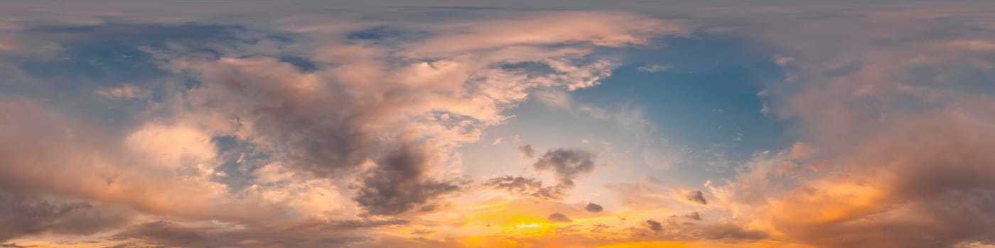 Bright sunset sky panorama with Cirrus clouds. Seamless hdr spherical equirectangular 360 panorama. Sky dome or zenith for 3D visualization, game and sky replacement for aerial drone 360 panoramas.