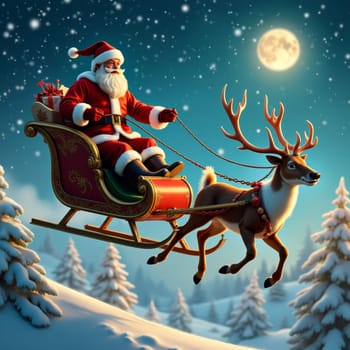 A jolly figure in a red suit rides a sleigh pulled by a reindeer through a starry night sky, embodying the magic and wonder of Christmas Eve.