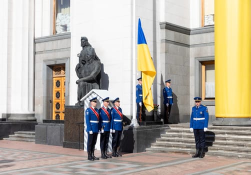 KYIV, UKRAINE - Aug. 23, 2024: A solemn ceremony near the Verkhovna Rada on State Flag Day. Guard of honour during the ceremonial raising of the national flag of Ukraine