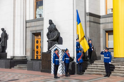 KYIV, UKRAINE - Aug. 23, 2024: A solemn ceremony near the Verkhovna Rada on State Flag Day. Guard of honour during the ceremonial raising of the national flag of Ukraine