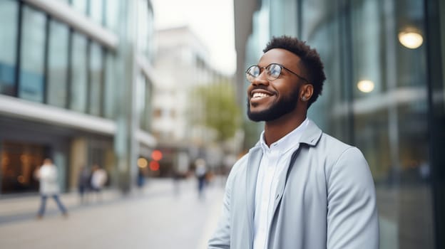 Portrait of confident happy smiling black entrepreneur standing in the city, wearing glasses, business suit, looking away