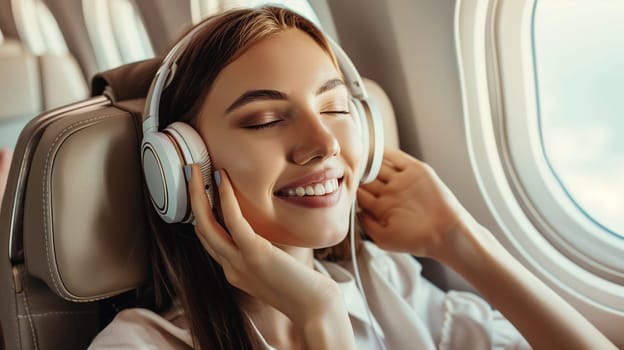 Happy smiling young woman passenger listening to music with headphones sits in a seat on an airplane near the window during the flight