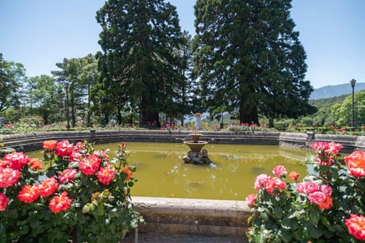 A large pond with a fountain in the middle surrounded by trees and flowers. The scene is peaceful and serene