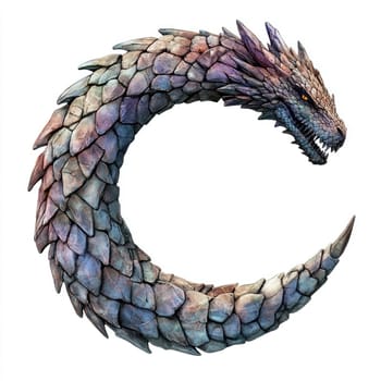 This artwork features a dragon's tail with a striking spiral shape, showcasing meticulously crafted scales in various colors, highlighting its mythical and powerful essence.