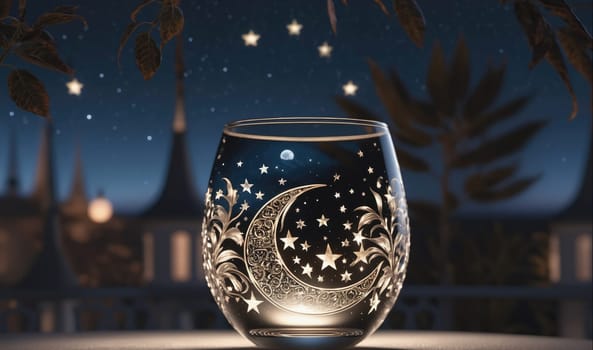A glass etched with a crescent moon and stars sits on a table. It is night and the sky is full of stars. A blurry background shows some buildings and foliage.
