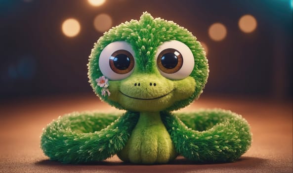 A plush turtle with a bright green, fuzzy body and large, brown eyes smiles with a closed mouth. The turtle has a small, white flower behind its ear and is sitting with its arms crossed on a brown surface. There are warm, round, out-of-focus lights in the background.