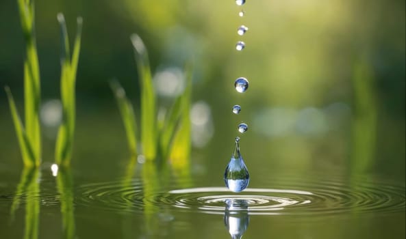A close-up of a water drop as it falls into a small puddle. The drop is in focus, while the background is blurred and green. Ripples radiate outward from the point where the drop landed.