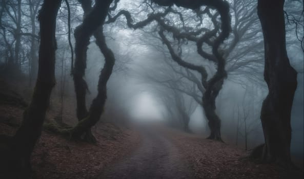 A path is visible through a forest filled with thick, dark trees. The path appears to be dirt or gravel, and it disappears into a dense fog ahead. The trees are tall and have many branches that are twisted and gnarled. The fog obscures the background, creating a mysterious and ethereal atmosphere. The image was taken in the early morning, as the fog is thick and the light is soft.