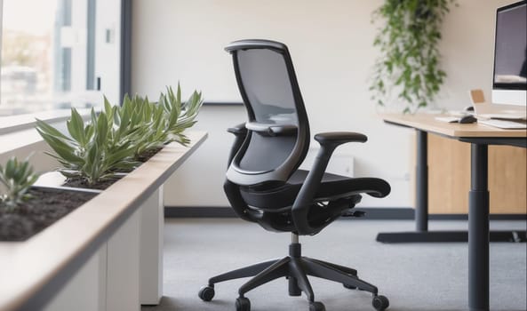 A black mesh office chair with armrests sits in front of a desk in a modern office setting. The chair is positioned next to a window, behind which there are plants. The desk is made of wood and has black legs. The room is decorated with plants and the window is large and lets in a lot of natural light.