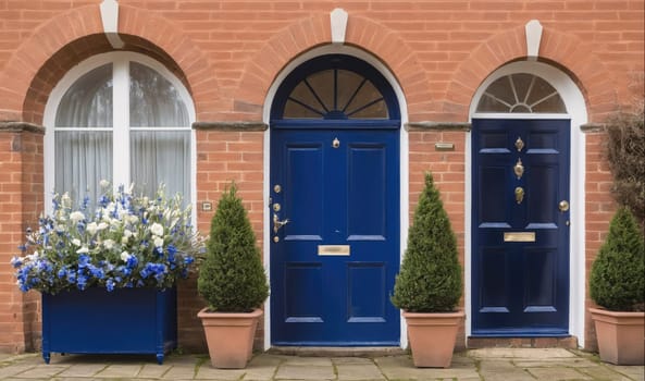 A row of three blue doors on a brick building are flanked by potted trees, a flower box with white and blue flowers sits in front of the window. The doors have arched tops with windows at the top.