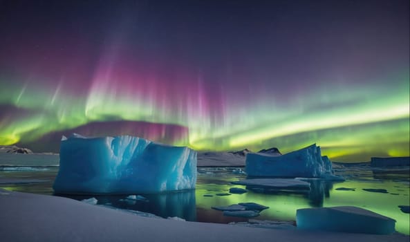 A vibrant green and purple aurora australis illuminates the sky over an icy ocean in Antarctica. Large icebergs float in the water, surrounded by smaller pieces of ice and snow. The aurora's reflection creates a mesmerizing spectacle on the water's surface.