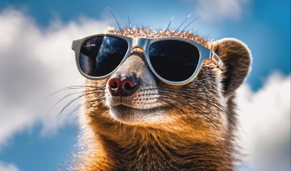 A meerkat with dark, sleek sunglasses stares intently at the camera. The animal's fur is brown and tan with a few stray hairs in its face. The background is a bright blue sky with some white clouds.