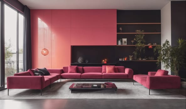 A spacious living room features a large sectional sofa with a deep red upholstery, a black coffee table, and a large window that allows natural light to illuminate the space. The wall behind the sofa is painted a bold pink color, while the opposite wall features a black shelf unit filled with various decor items and a small potted plant.