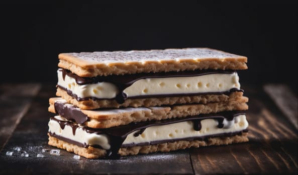 A stack of ice cream sandwiches with chocolate sauce drizzled over them sits on a wooden surface. The sandwiches are made with two graham crackers, ice cream, and a layer of chocolate sauce.