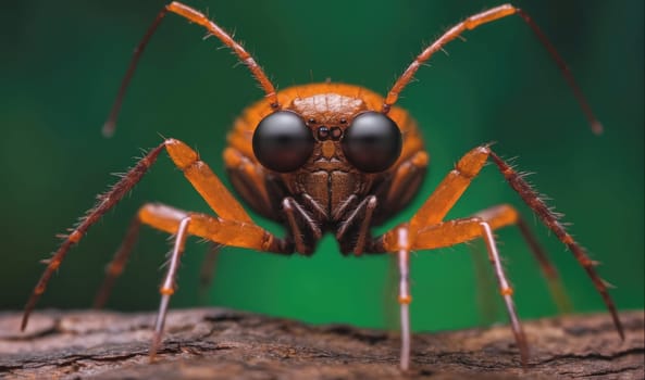 A macro photo of a spider with large black eyes, orange body, and long, hairy legs, perched on a tree branch. The spider is facing the camera, with its legs outstretched and its eyes wide open. The background is a blurry green, creating a sense of depth and highlighting the spider's intricate details.