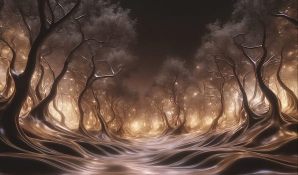 This is a digital artwork of a forest at night. The trees are tall and slender, with their branches reaching up into the darkness. The ground is covered in a soft, white glow, and the air is filled with a mystical feeling. The artwork is full of detail, and the artist has captured the beauty of the forest in a way that is both enchanting and surreal.