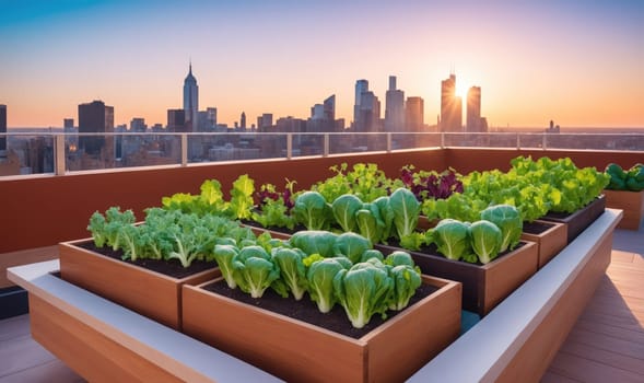 A rooftop garden in a city with a view of the skyline. The garden has several wooden planters with fresh lettuce plants growing in them. The sun is setting behind the buildings, creating a warm golden hour glow.