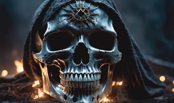 The image shows a silver skull with a dark hood. It is sitting on a dark surface with glowing lights behind it. The lights create a blurred background.
