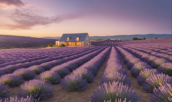 A farmhouse, with lights on in its windows, sits in the middle of a field of lavender. The lavender is in rows, and the field extends to the horizon. The sky is a soft pink and purple, and the sun is setting in the distance.