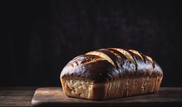 A loaf of freshly baked bread with a dark brown crust sits on a wooden cutting board. The bread is sliced and has a soft, white interior.