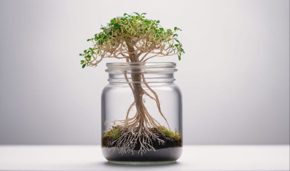 A small, green tree is growing in a clear glass jar, which is sitting on a white surface. The tree's roots are visible and spread out in the dirt at the bottom of the jar.