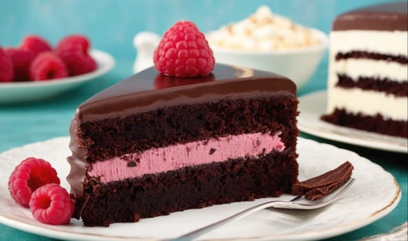 A slice of chocolate cake with a raspberry filling is on a white plate with a fork, with fresh raspberries and a larger, partially visible slice of cake in the background. The cake is covered in a rich chocolate ganache and features a layer of pink raspberry filling.