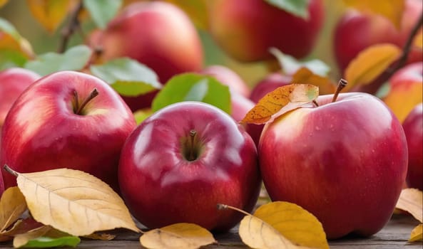 Several red apples lay on a wooden table with autumn leaves surrounding them. The apples are in focus, while the leaves are out of focus. The apples are smooth and shiny. The leaves are yellow and orange. The table is brown and weathered.