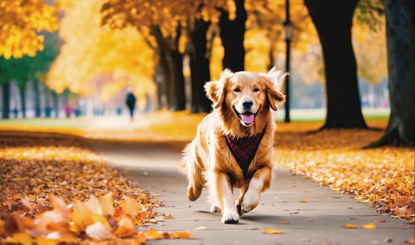 A happy golden retriever dog runs along a paved path in a park with fall foliage on the ground. The dog has a red and black bandana around its neck and is looking forward with its tongue out. The trees in the background are bare except for the yellow leaves still clinging to the branches. There are a few other people walking in the distance.