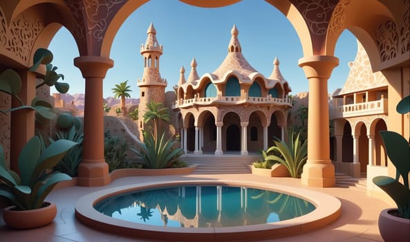The image shows a courtyard with a round pool in the middle. The pool is surrounded by a stone wall and there are palm trees in the background. The courtyard is framed by two arches, and there is a large building behind the arches. The building is made of stone and has a number of towers and domes. The sky is blue and the sun is shining.
