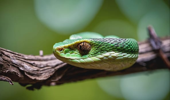 The head and part of the body of a green snake are visible in the image. The snake is resting on a brown, bark-covered branch with its head turned towards the left of the image. The snake's body is a bright green with a faint white underside. The snake's eye is clearly visible and is brown in color. The background of the image is out of focus and appears to be a green forest.
