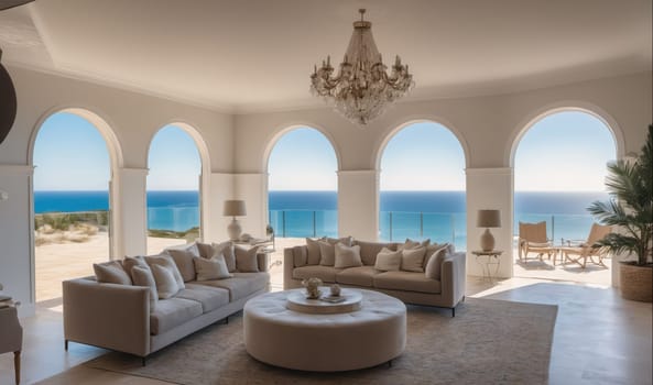 The living room features a large chandelier, two couches, a round ottoman, and a large, open space. The large arched windows offer a view of the ocean and the horizon. A palm tree in a planter pot is seen just outside the window on the right.