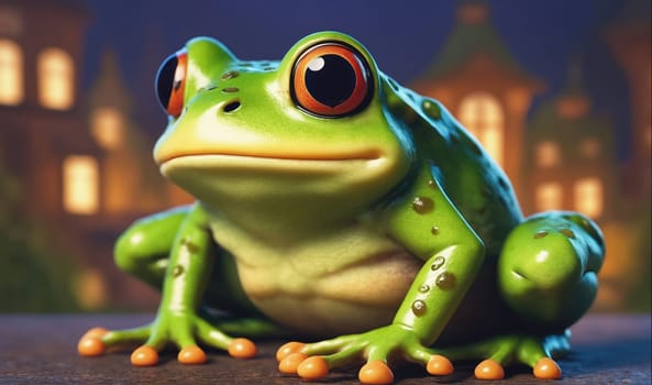 The image features a close-up view of a green frog sitting on a dark surface. The frog has orange eyes and a spotted green body. The frog is facing the camera and its mouth is slightly open, giving the impression of a curious expression. The background is out of focus and features blurry lights from an unknown city.