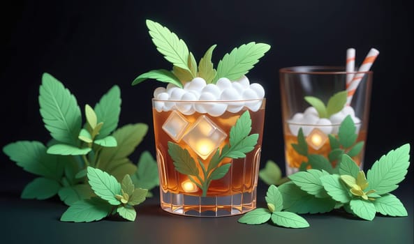 Two glasses of iced tea with ice cubes, garnished with mint leaves, are arranged on a black surface. The glasses are filled with a light brown liquid and topped with white foam. The mint leaves are arranged in a decorative fashion, with some leaves extending out of the glass and others resting on the surface.