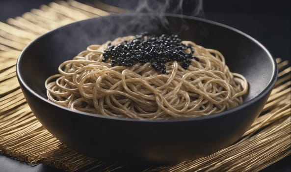 A bowl of noodles topped with black caviar sits on a bamboo mat. Steam rises from the noodles, indicating that they are fresh and hot. The noodles are piled high in the bowl, and the caviar is evenly distributed on top. The bamboo mat provides a rustic and natural backdrop for the dish.