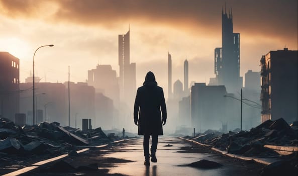 A silhouette of a person walks down a street lined with tall buildings in a desolate, post-apocalyptic city. The street is covered in rubble and debris, and the sky is filled with a hazy orange light.