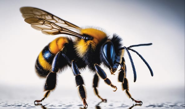 A bumblebee with black and yellow stripes stands on a shiny surface with its wings spread out. Its body is hairy and it has long, black antennae. The bumblebee is in focus and the background is blurred.