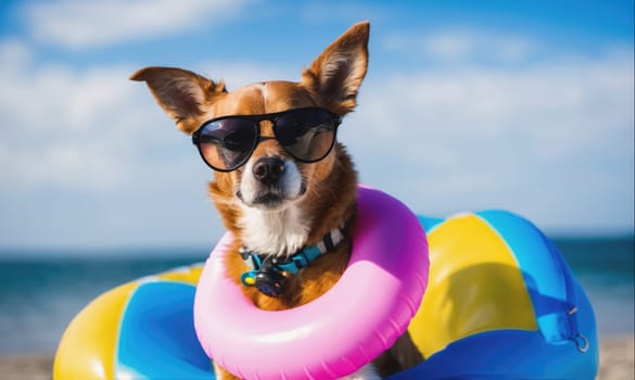 A dog wearing sunglasses and a pink inflatable ring sits on a colorful inflatable on the beach, looking toward the camera. The dog is brown with white markings on its chest and chin. The ocean can be seen in the background.
