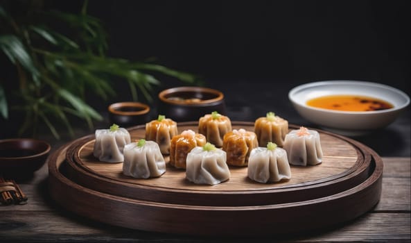 A wooden tray with a plate of dim sum sits on a dark wooden table. The dim sum is arranged in a circle, with a small bowl of sauce in the background. There is a small, dark green leafy plant out of focus in the background.