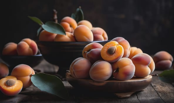 A bowl filled with fresh apricots sits on a wooden surface. A few apricots are scattered around the bowl on the table. A few leaves are also visible on the table.
