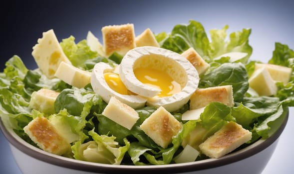 A salad with lettuce, croutons, cheese, and a fried egg in a white bowl. The egg is cooked in a mold that creates a ring shape. The salad is a close-up and the background is blurred.