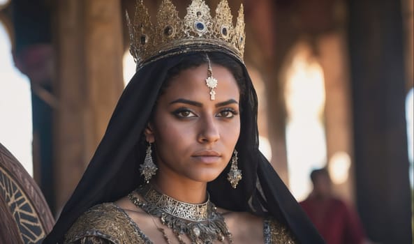 A woman wearing a golden crown sits on a throne, her gaze fixed on something outside the frame. She is wearing a black veil and elaborate jewelry.