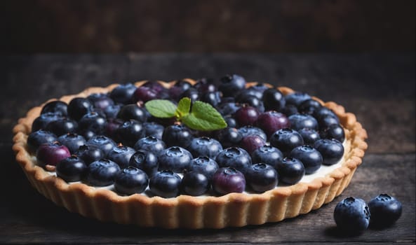 A blueberry tart with a flaky crust is filled with blueberries and topped with a sprig of mint. The tart is sitting on a dark brown wooden table.