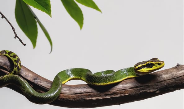 A green snake with a yellow stripe wraps around a brown branch. The snake is curled in a loose S-shape and looks directly at the camera. The snake's head is raised slightly, with its eyes wide open and its tongue flicking out. The snake is lying on a wooden branch that is surrounded by green leaves. The background is a plain white.