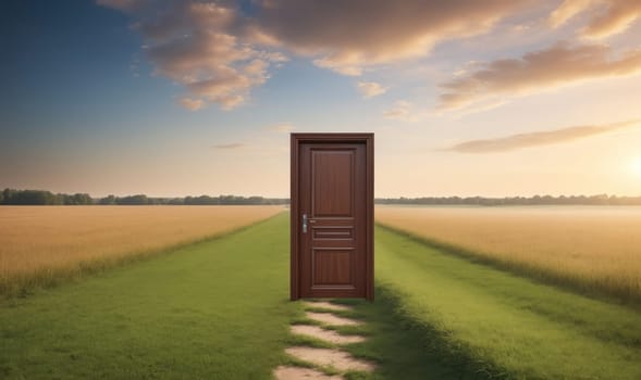 The image features a wooden door standing open in a grassy field with a stone path leading up to it. The field is divided in half, with tall grass on one side and a field of wheat on the other. The sky is a light blue with white clouds, and the sun is setting in the distance.