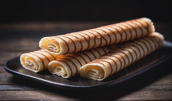 Four rolled pastries with chocolate drizzle are stacked on a black plate on a wooden surface. The pastries are light brown in color and appear to have a custard or cream filling. The plate and surface are both textured and weathered.