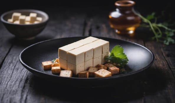 A block of tofu sits on a black plate with other pieces of tofu, all arranged on a dark wooden table with herbs and a small jar in the background.