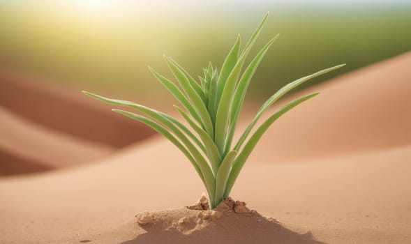 The image shows a lone plant growing in the desert. The plant has long, thin green leaves and is surrounded by sand. The sun shines brightly in the background.