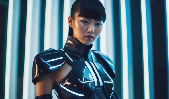 A woman in a black and blue futuristic outfit with glowing lines poses against a backdrop of bright blue vertical lights.