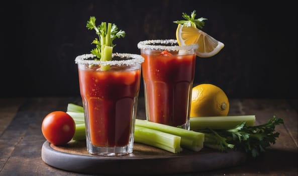 Two glasses of bloody mary are on a wooden tray with celery, a lemon, and a tomato. The glasses are rimmed with salt and garnished with celery stalks. A lemon wedge and another lemon are also on the tray.